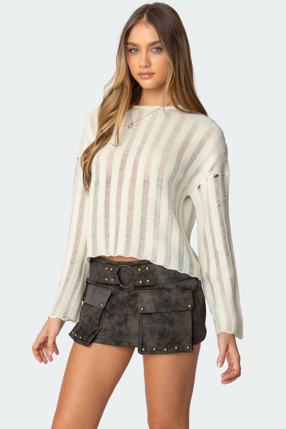 Stripey Shredded Sweater - CREAM