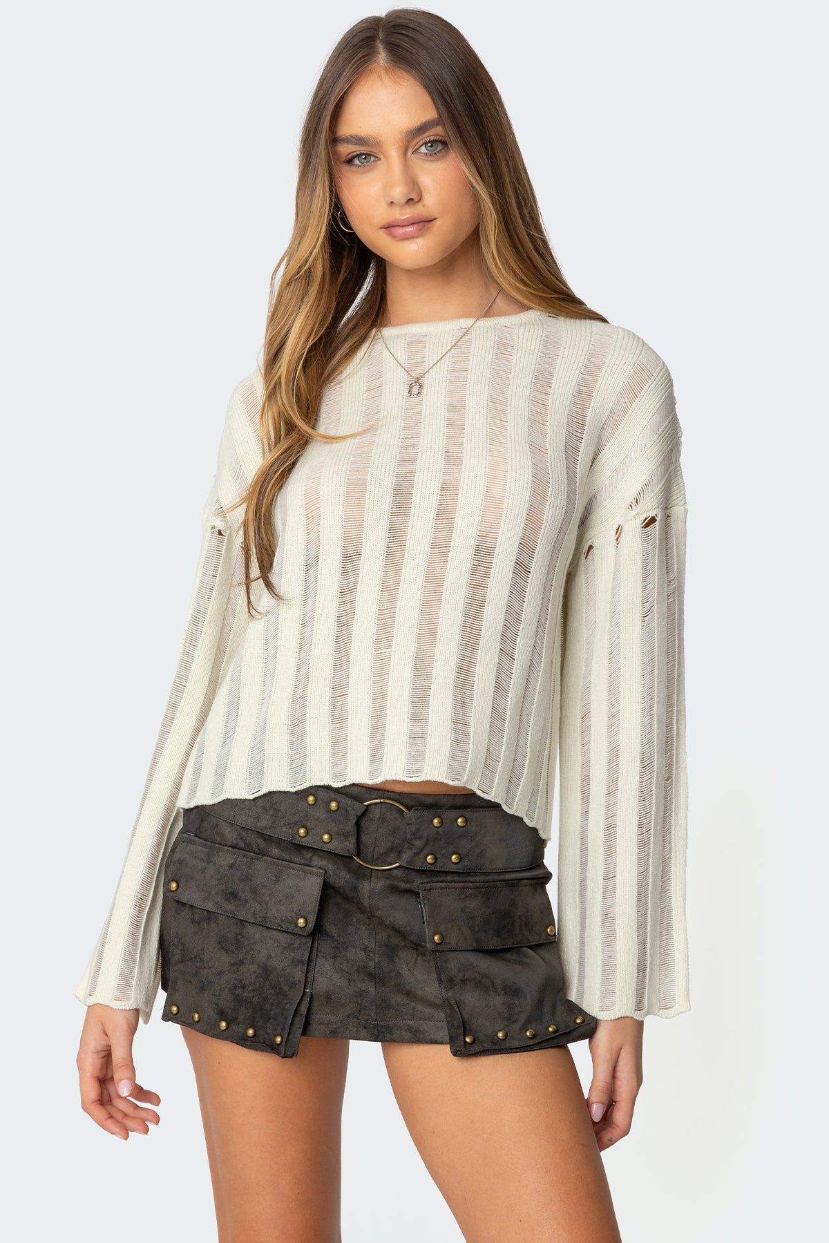 Stripey Shredded Sweater - CREAM