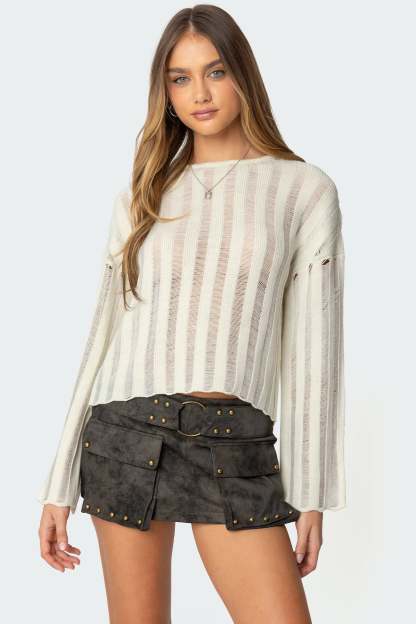 Stripey Shredded Sweater - CREAM