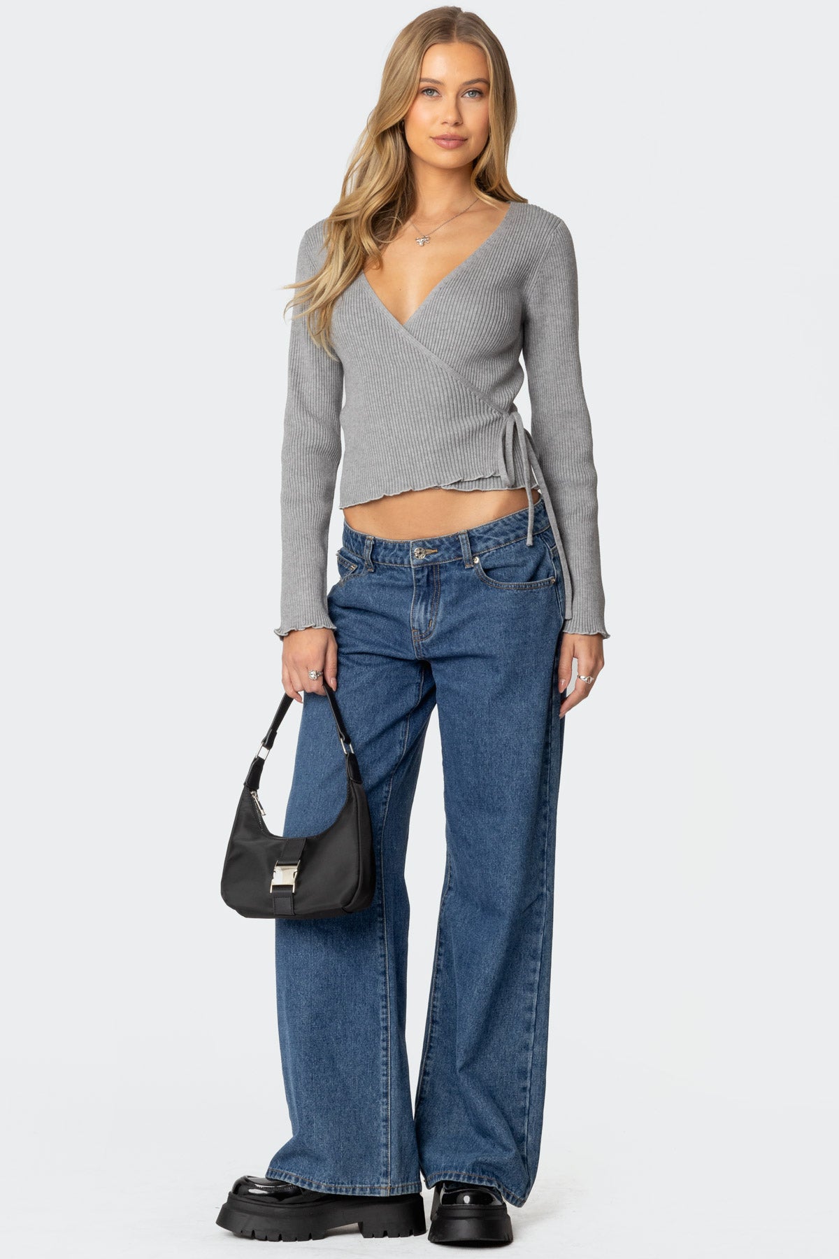 Paden Ribbed Knit Wrap Top - GRAY MELANGE