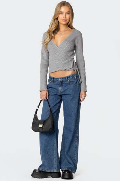 Paden Ribbed Knit Wrap Top - GRAY MELANGE