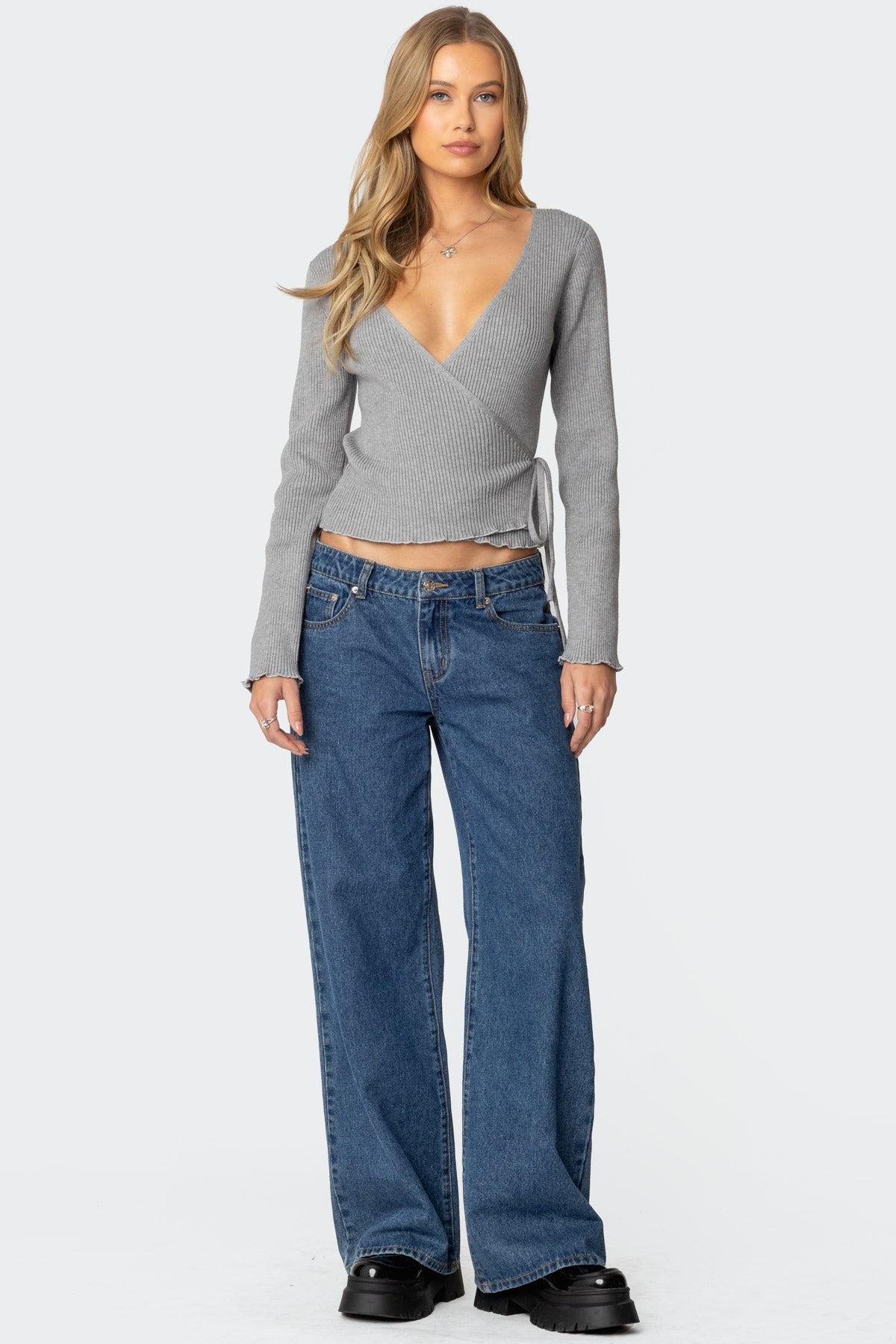 Paden Ribbed Knit Wrap Top - GRAY MELANGE