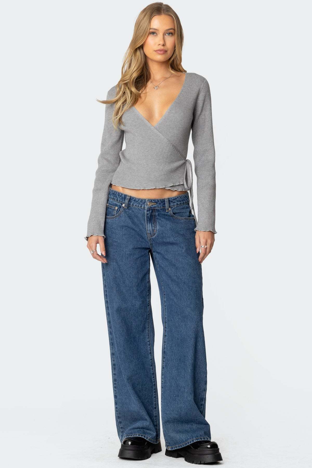 Paden Ribbed Knit Wrap Top - GRAY MELANGE