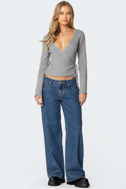 Paden Ribbed Knit Wrap Top - GRAY MELANGE