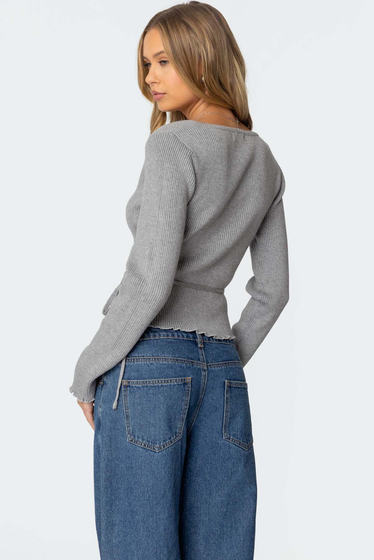 Paden Ribbed Knit Wrap Top - GRAY MELANGE