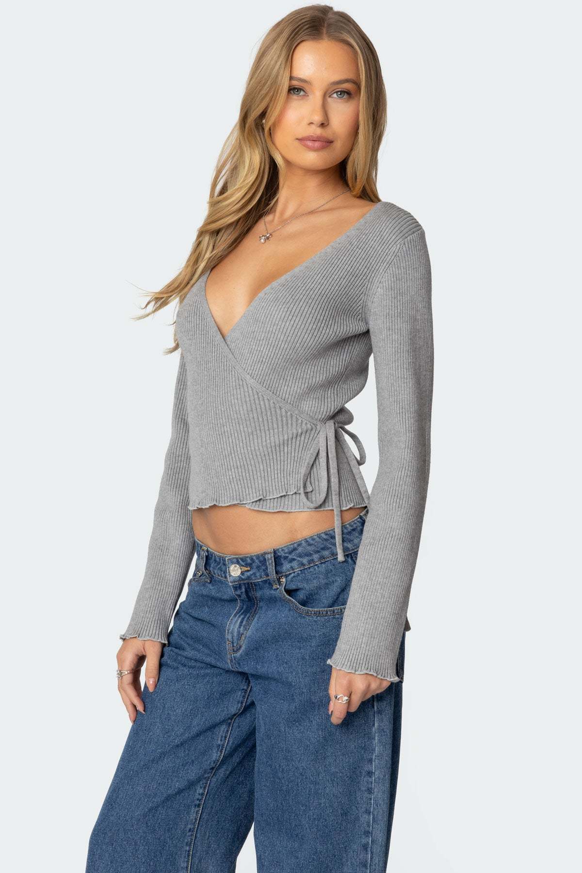 Paden Ribbed Knit Wrap Top - GRAY MELANGE