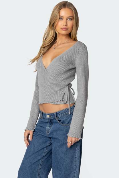 Paden Ribbed Knit Wrap Top - GRAY MELANGE