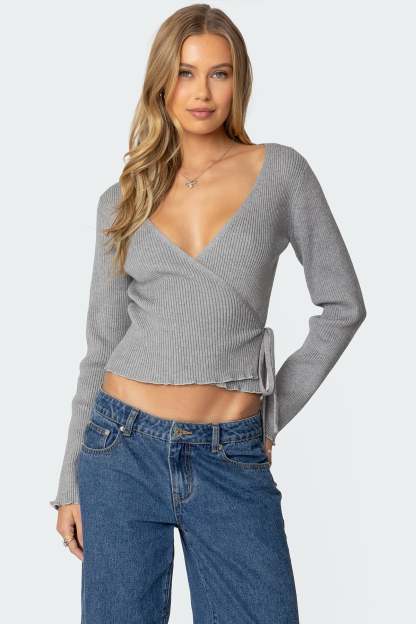 Paden Ribbed Knit Wrap Top - GRAY MELANGE