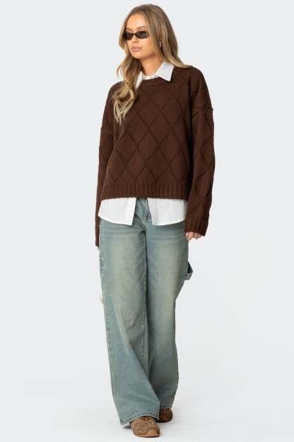 Cass Oversized Textured Knit Sweater - BROWN