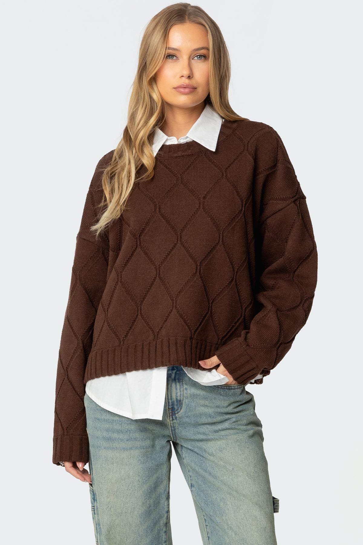 Cass Oversized Textured Knit Sweater - BROWN