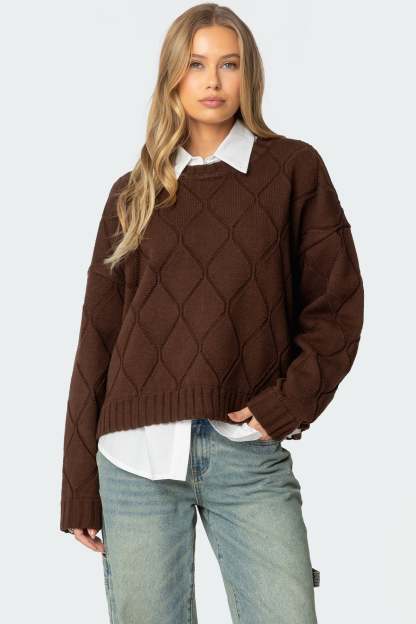 Cass Oversized Textured Knit Sweater - BROWN
