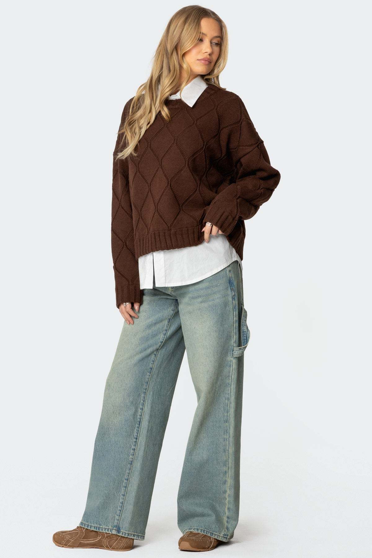 Cass Oversized Textured Knit Sweater - BROWN