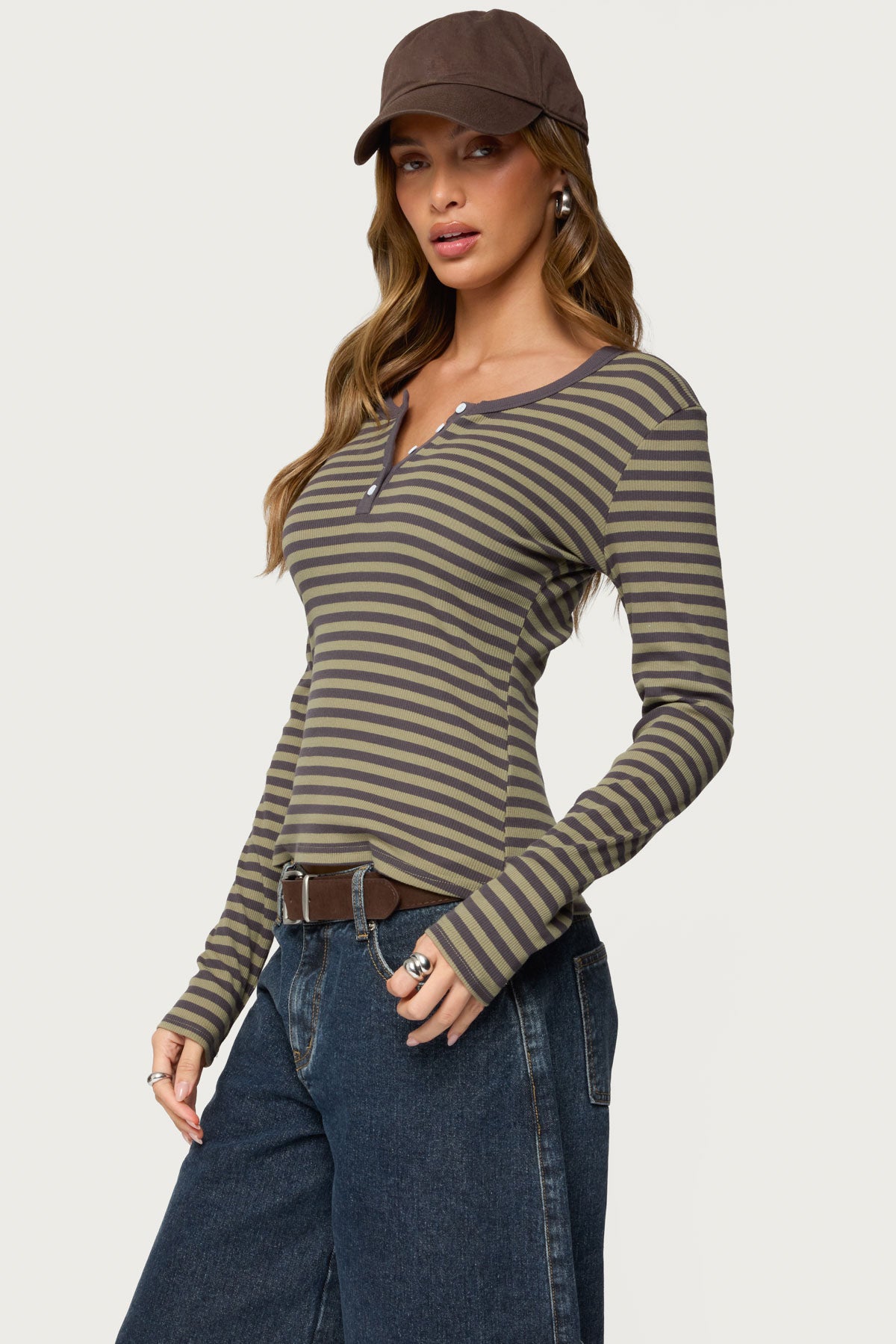 Roma Striped Henley Top - OLIVE