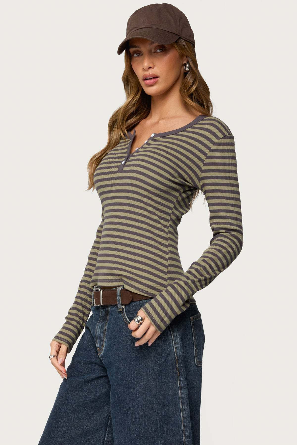 Roma Striped Henley Top - OLIVE