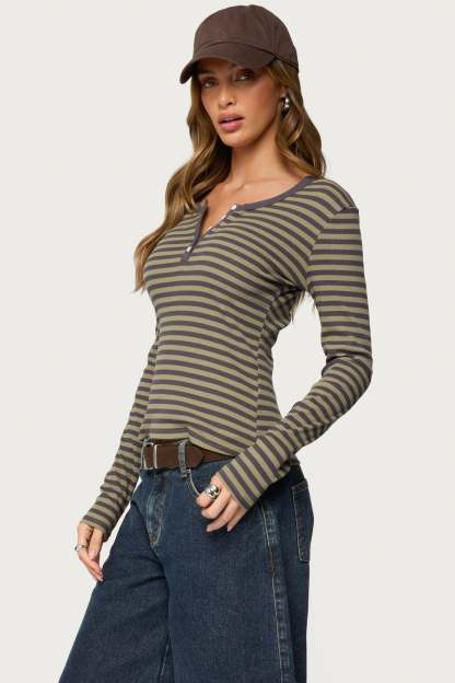 Roma Striped Henley Top - OLIVE