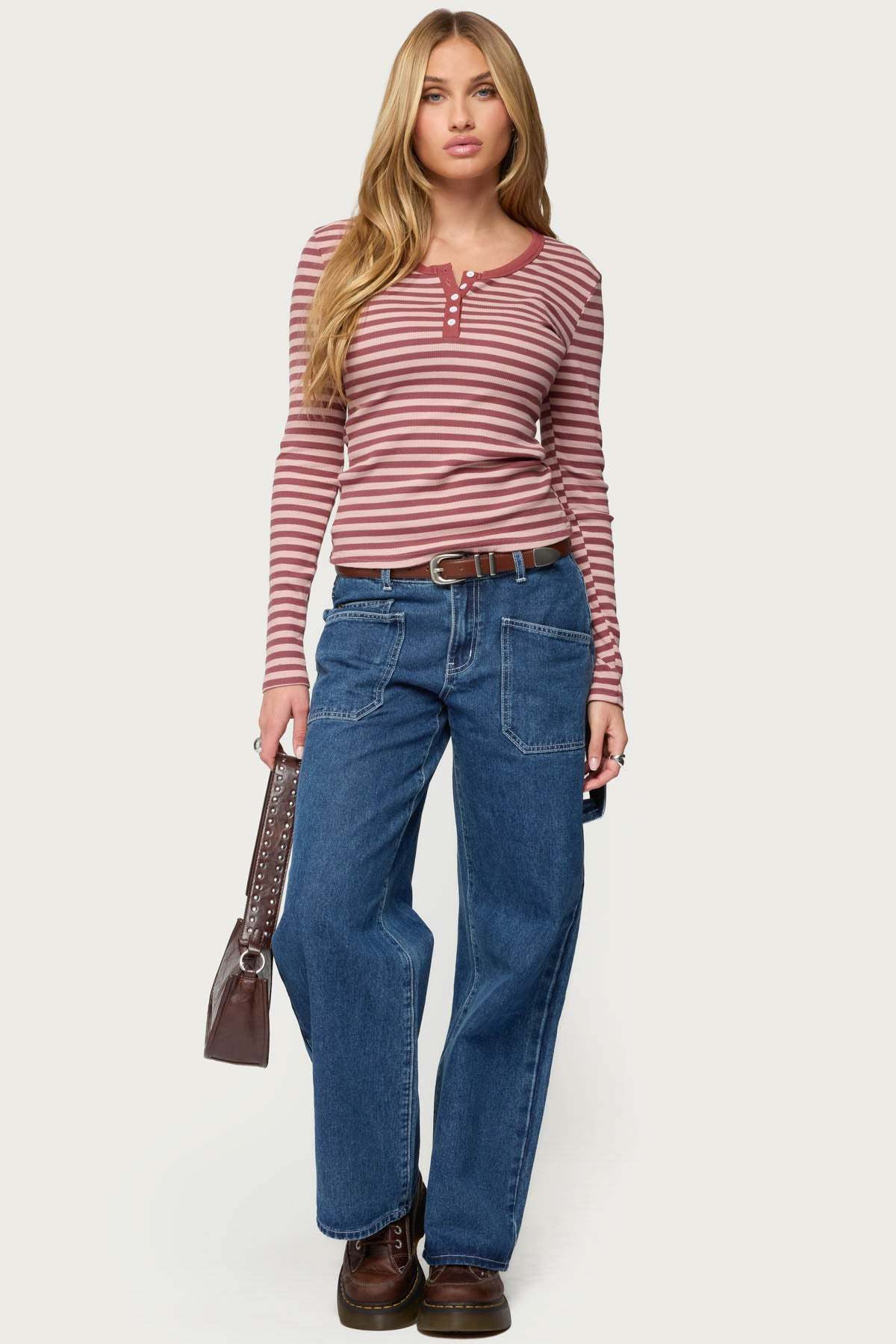 Roma Striped Henley Top - PINK