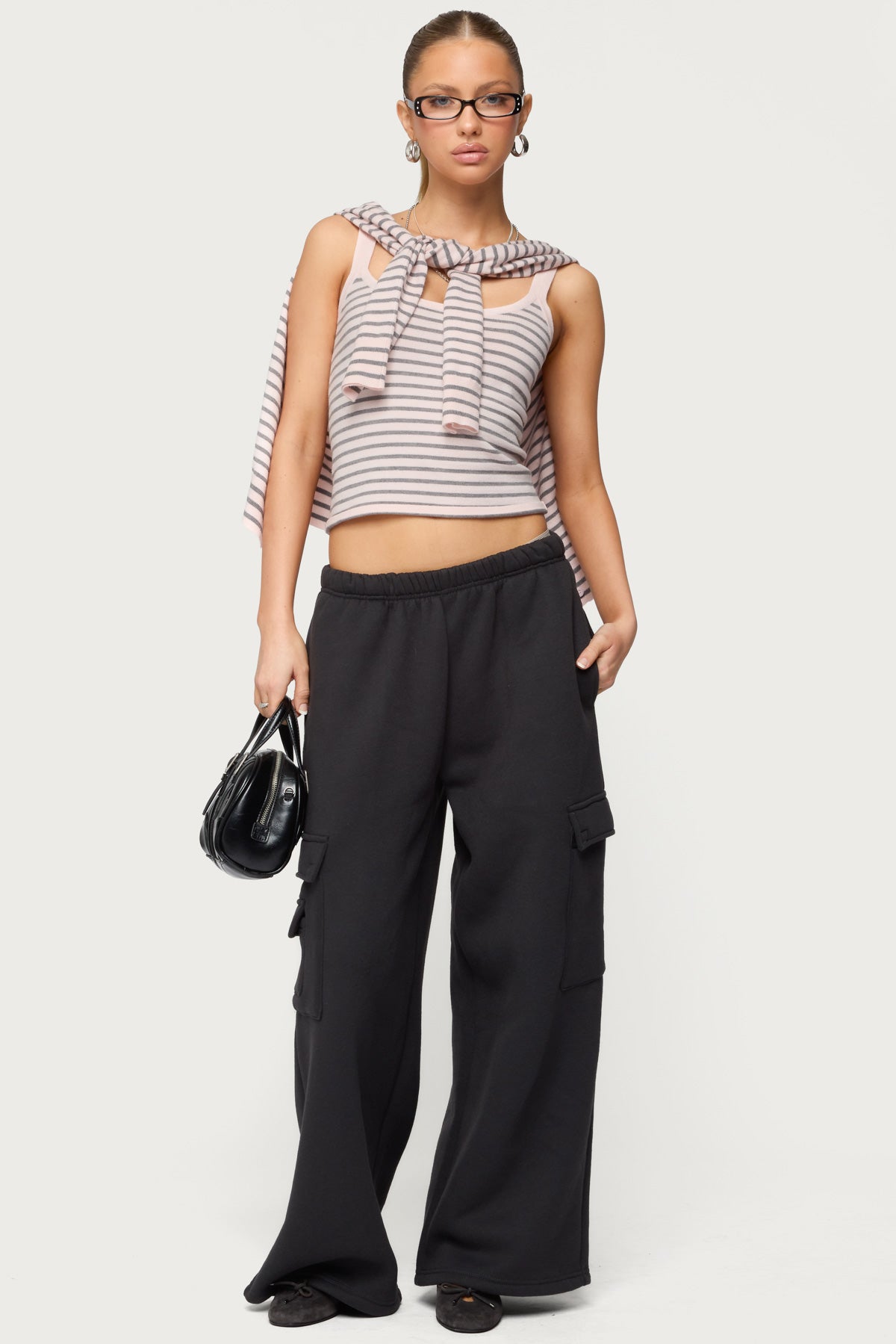 Petite Wide Leg Cargo Sweatpants - DARK-GRAY