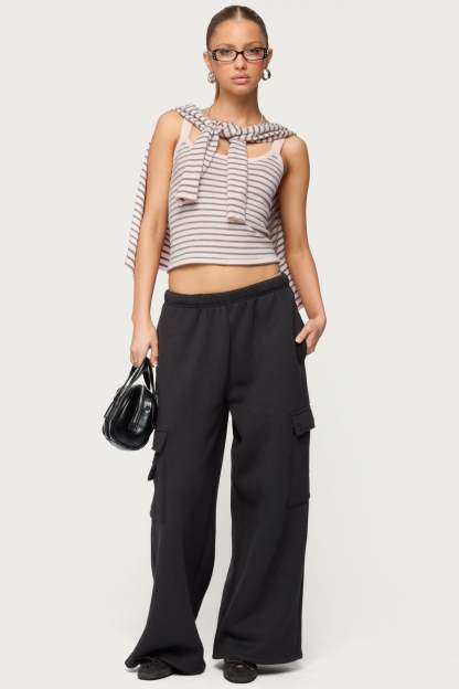 Petite Wide Leg Cargo Sweatpants - DARK-GRAY
