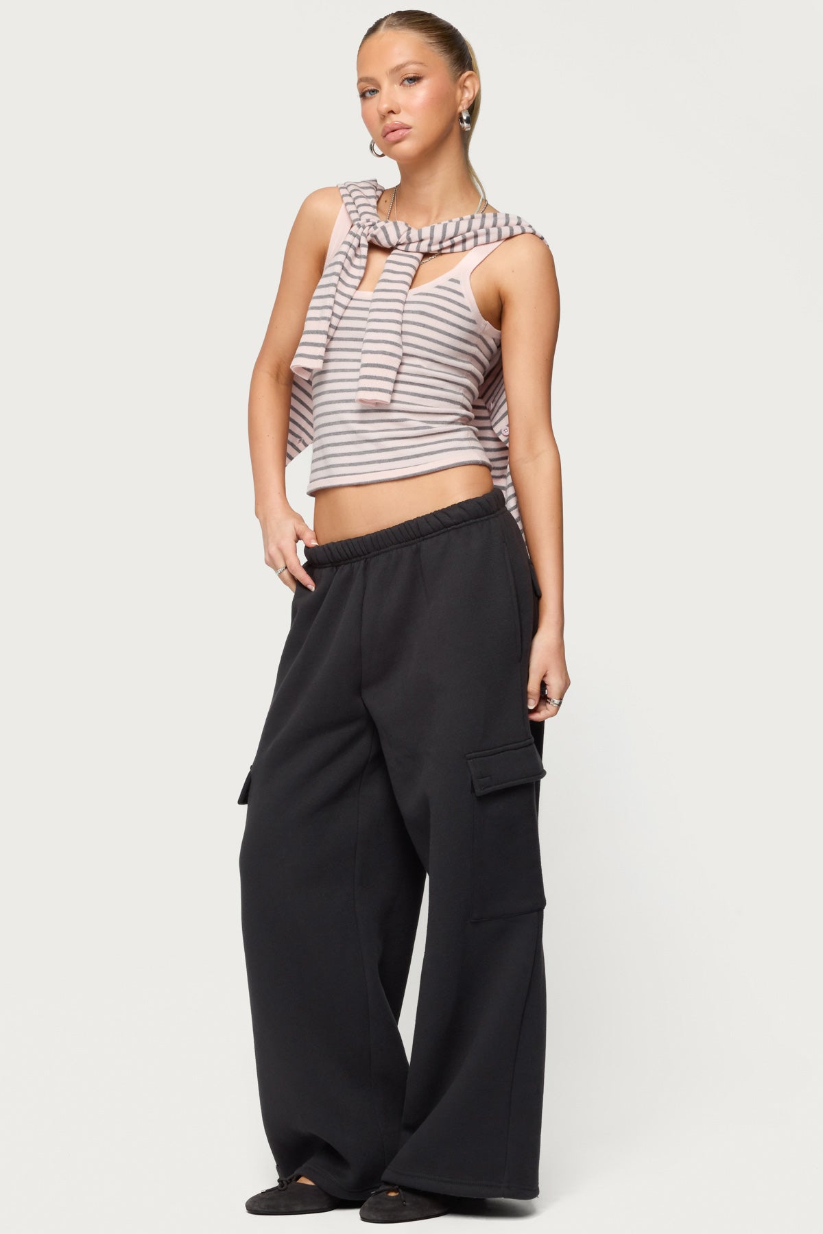 Petite Wide Leg Cargo Sweatpants - DARK-GRAY