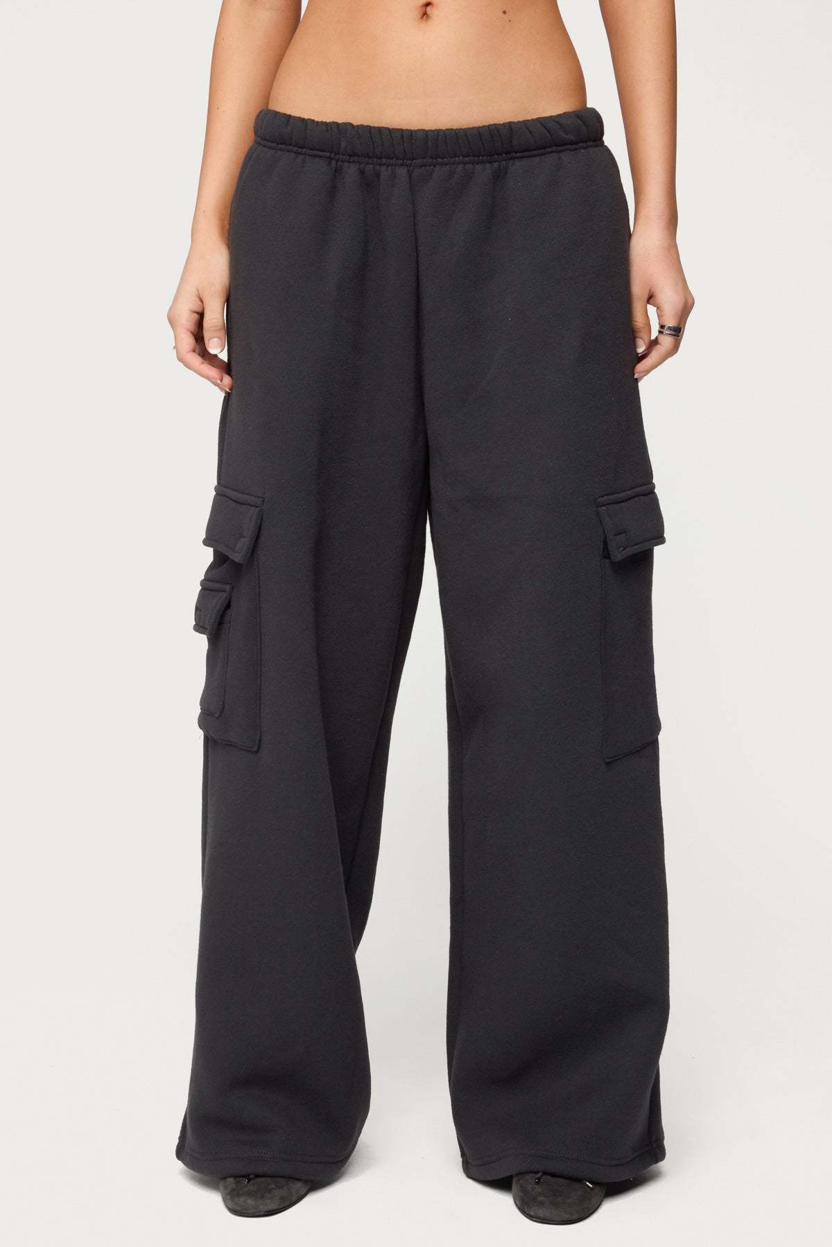 Petite Wide Leg Cargo Sweatpants - DARK-GRAY