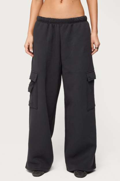 Petite Wide Leg Cargo Sweatpants - DARK-GRAY