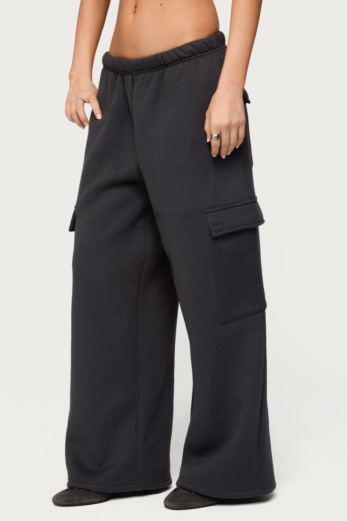 Petite Wide Leg Cargo Sweatpants - DARK-GRAY