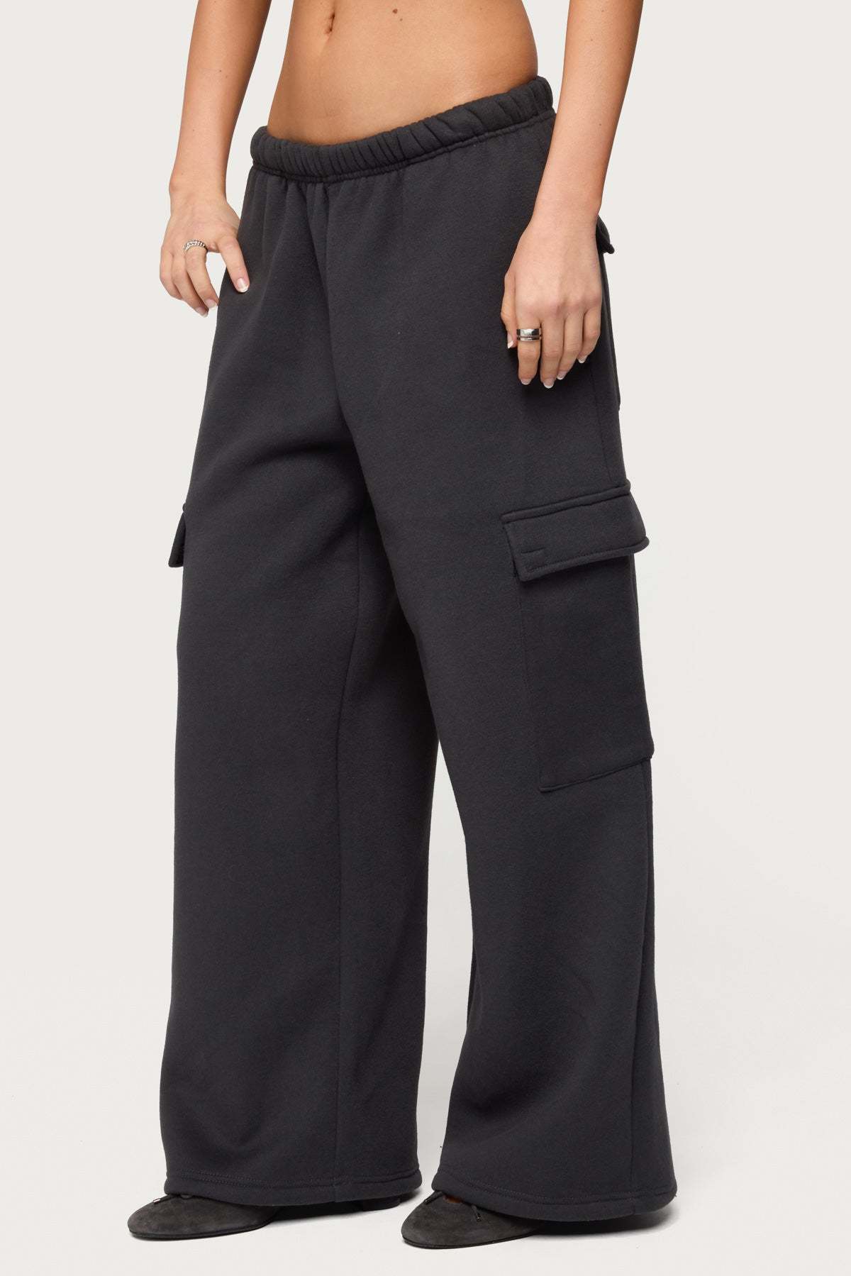 Petite Wide Leg Cargo Sweatpants - DARK-GRAY