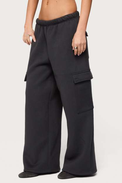 Petite Wide Leg Cargo Sweatpants - DARK-GRAY