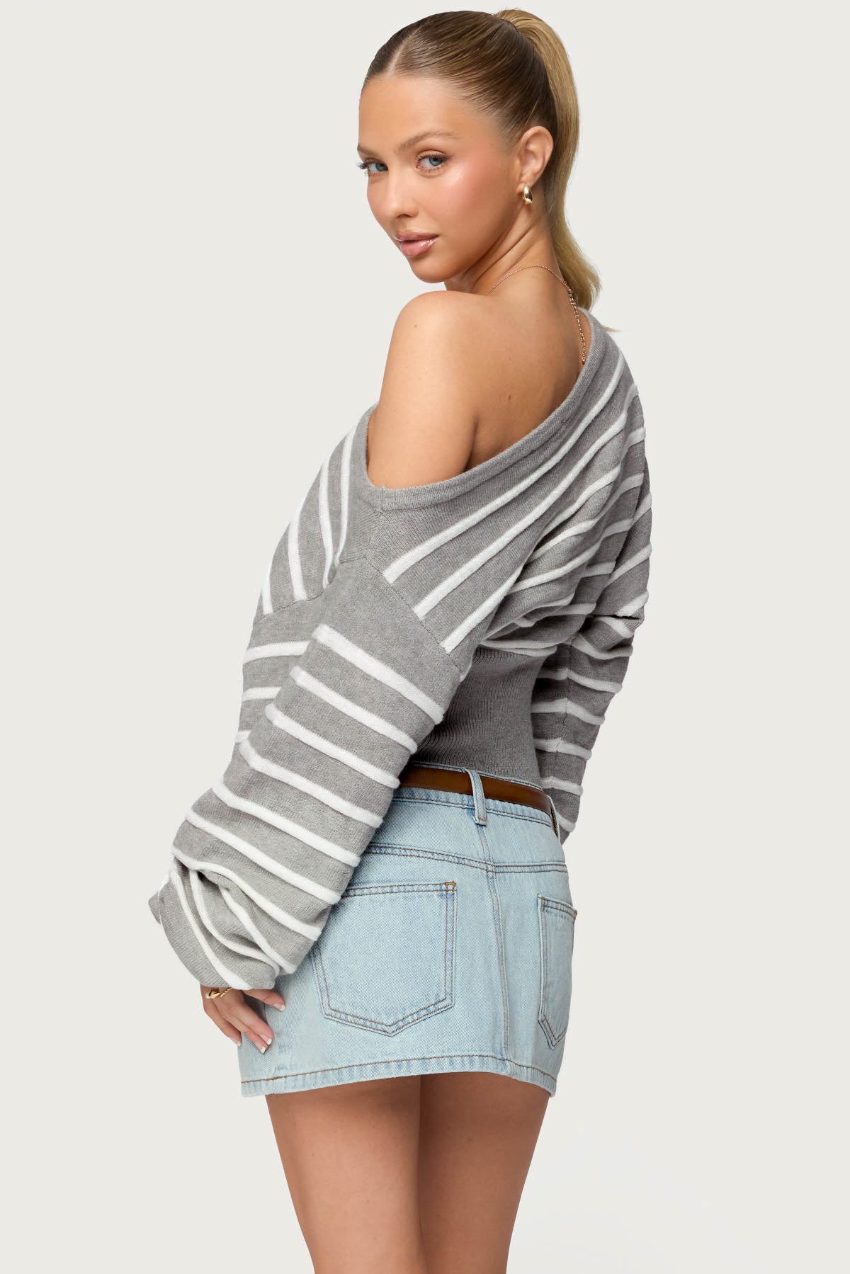 Mika Off Shoulder Oversized Sweater - GRAY-MELANGE
