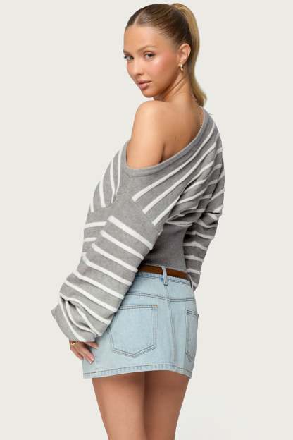 Mika Off Shoulder Oversized Sweater - GRAY-MELANGE