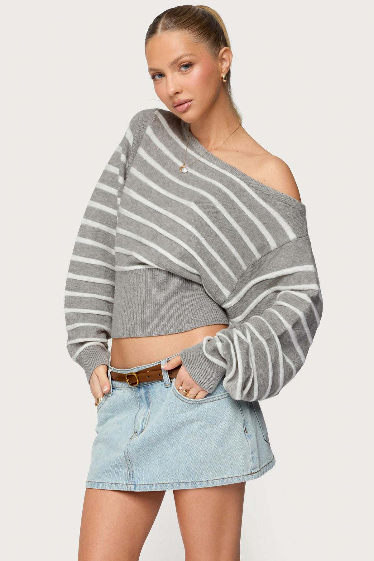 Mika Off Shoulder Oversized Sweater - GRAY-MELANGE