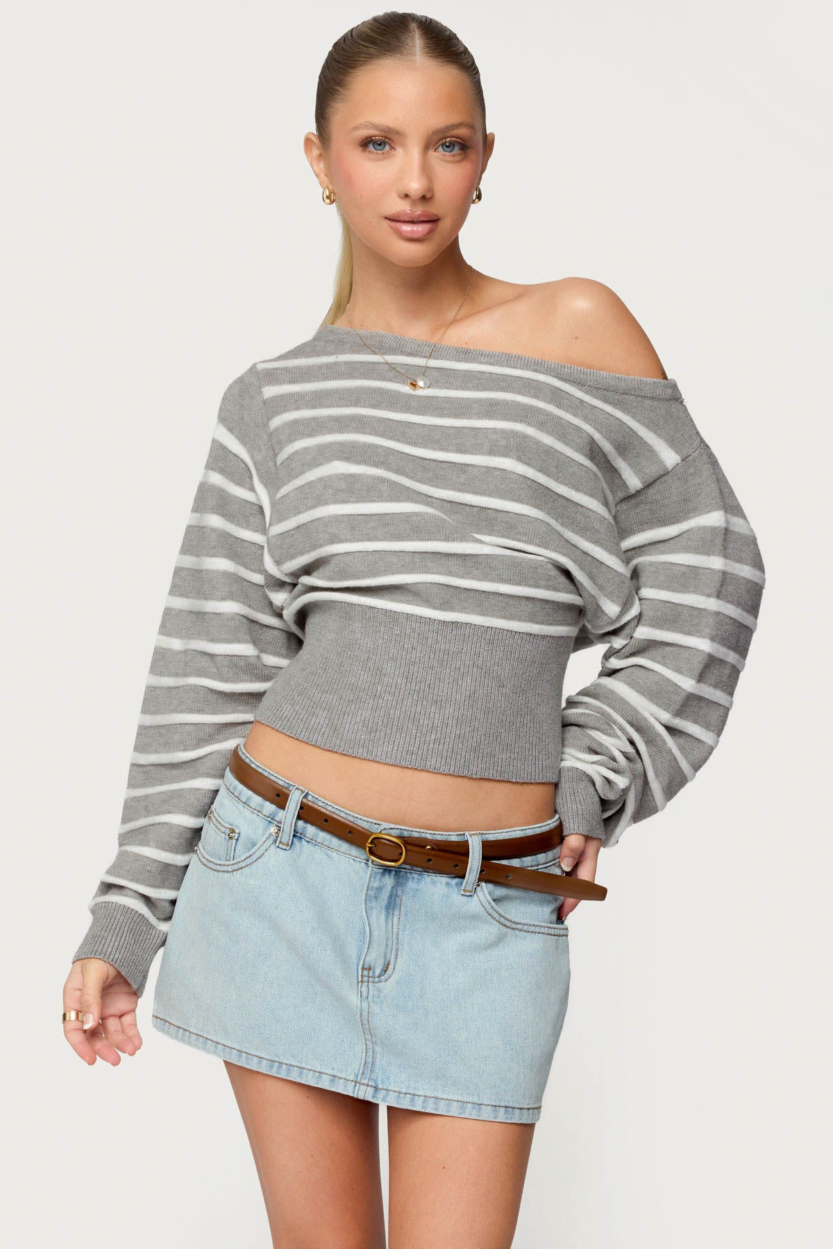 Mika Off Shoulder Oversized Sweater - GRAY-MELANGE