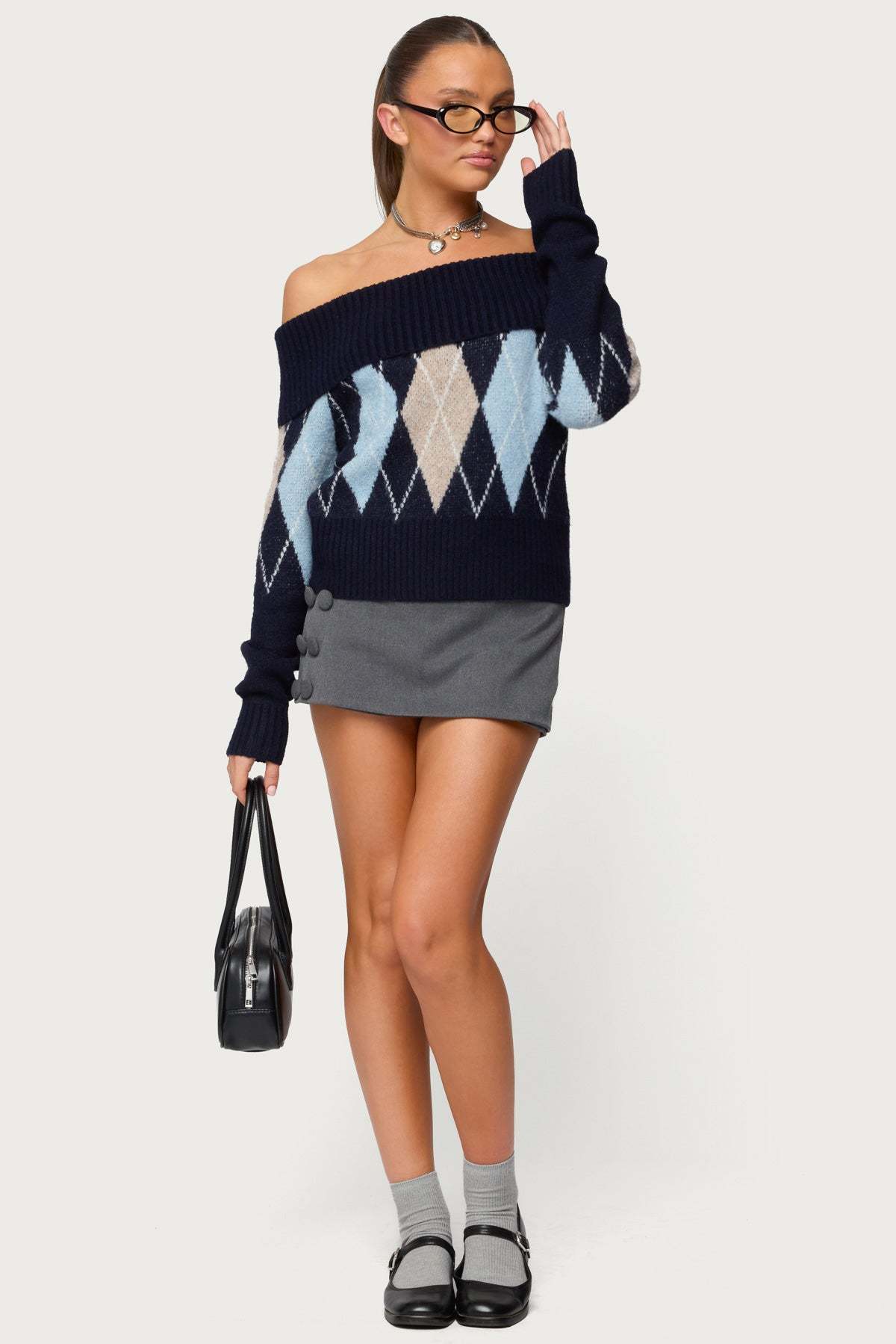 Jakarie Argyle Foldover Sweater - NAVY