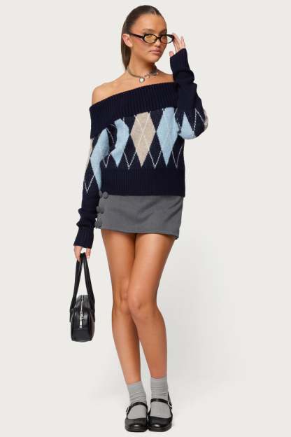Jakarie Argyle Foldover Sweater - NAVY