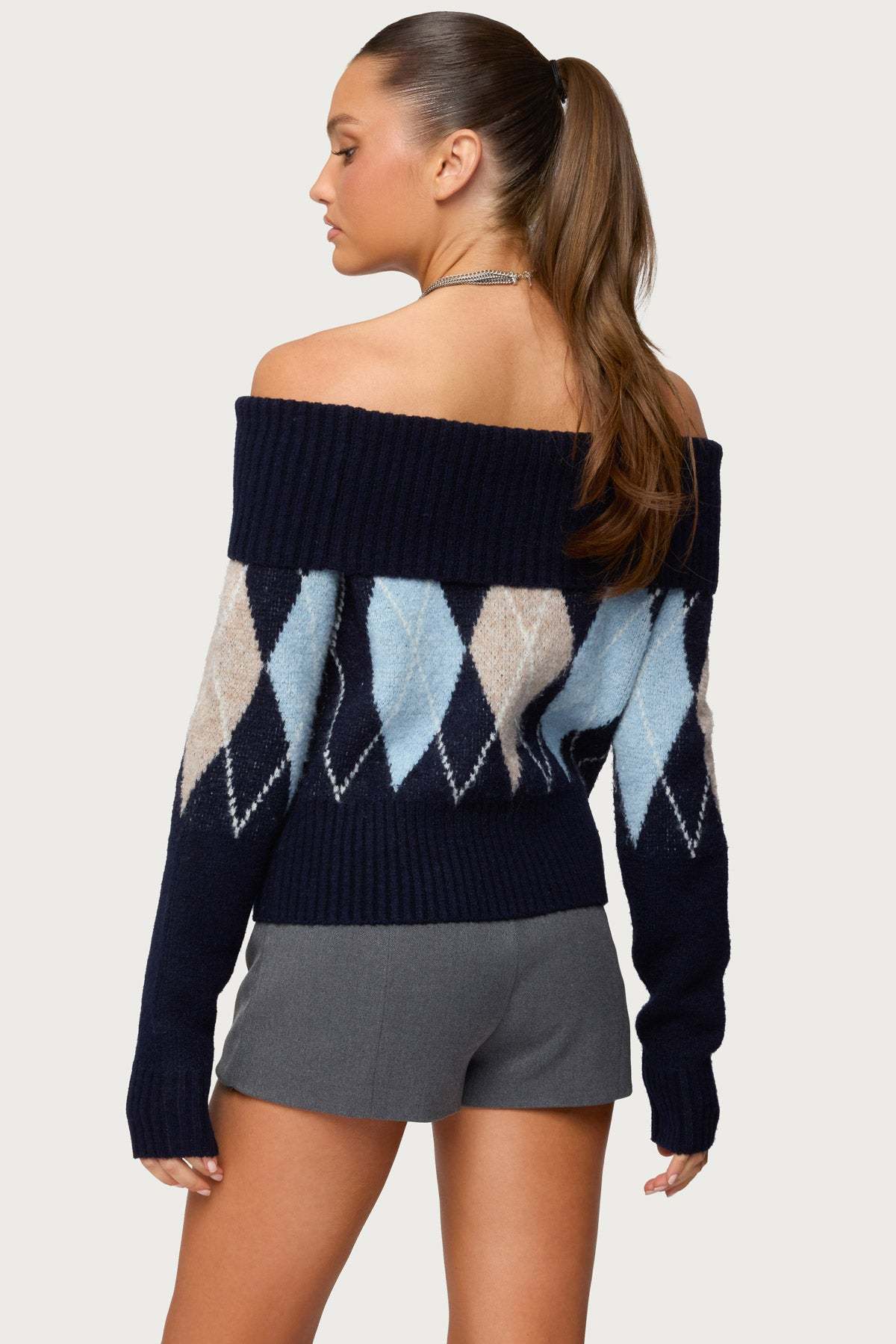 Jakarie Argyle Foldover Sweater - NAVY