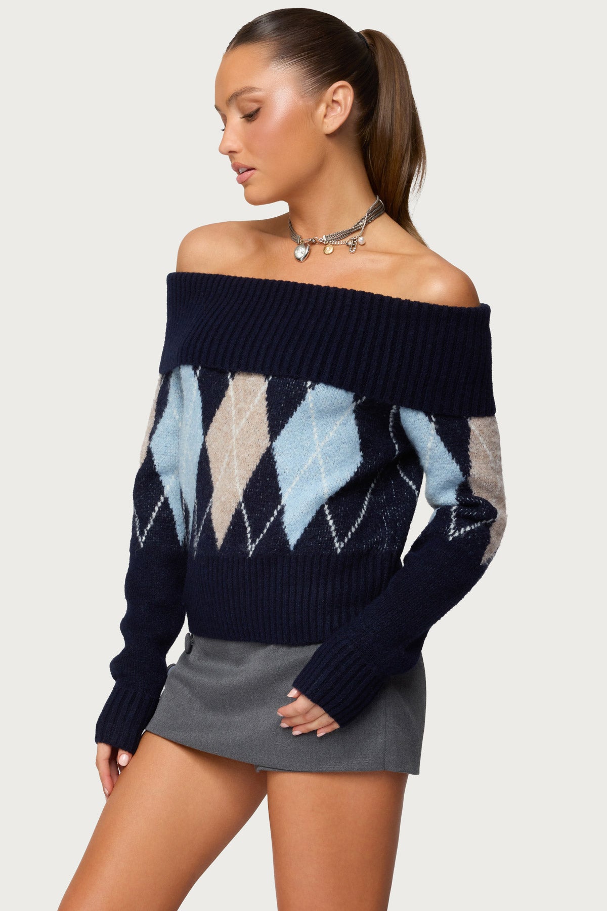 Jakarie Argyle Foldover Sweater - NAVY