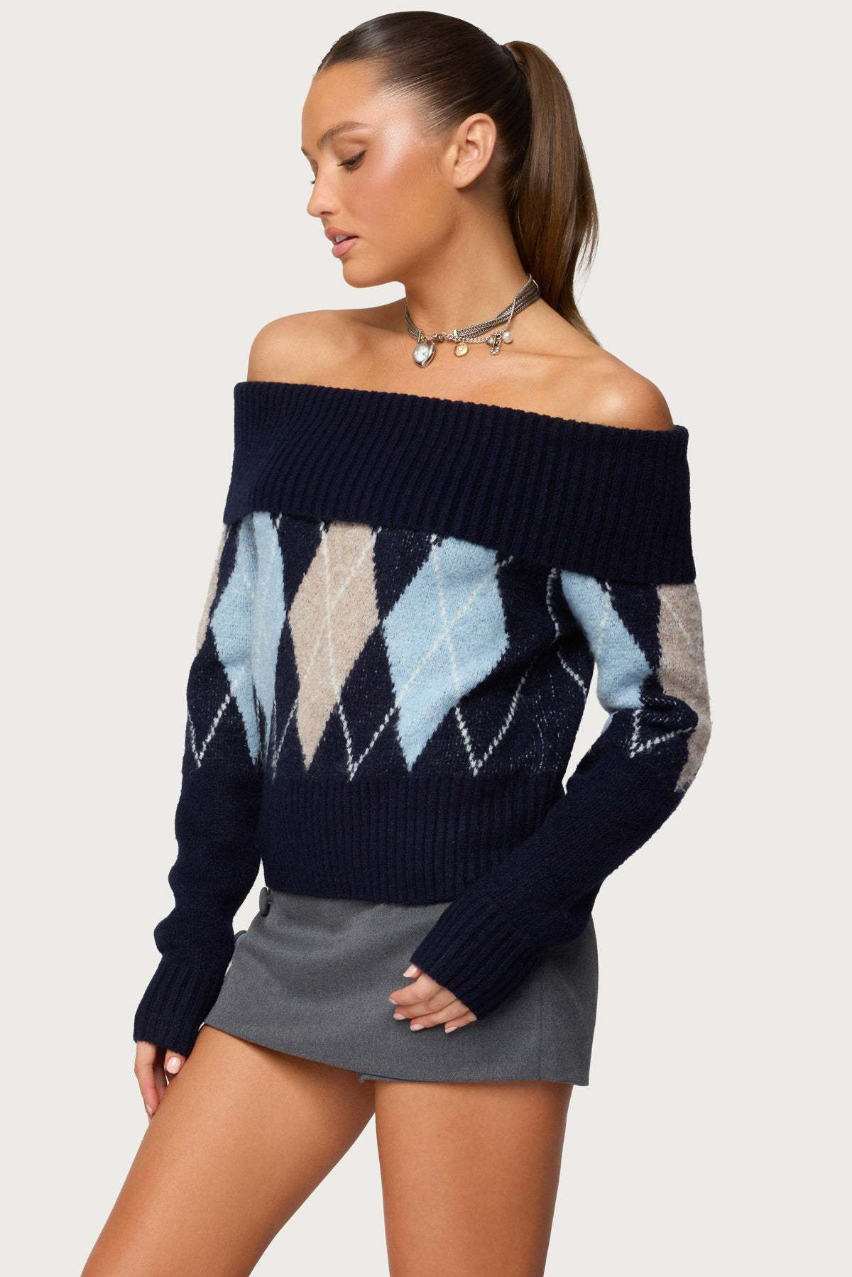 Jakarie Argyle Foldover Sweater - NAVY
