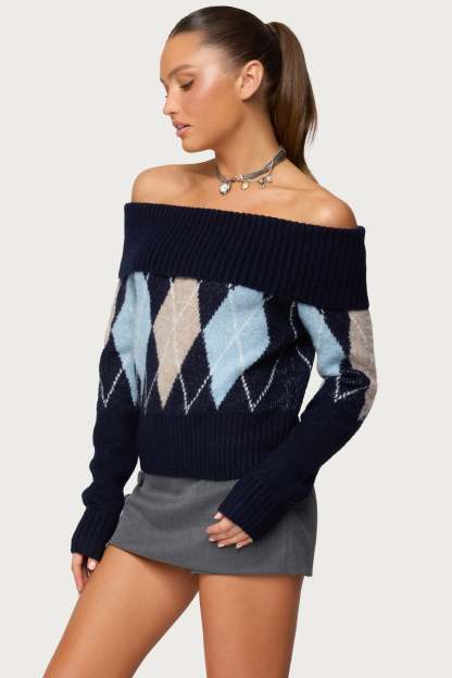 Jakarie Argyle Foldover Sweater - NAVY
