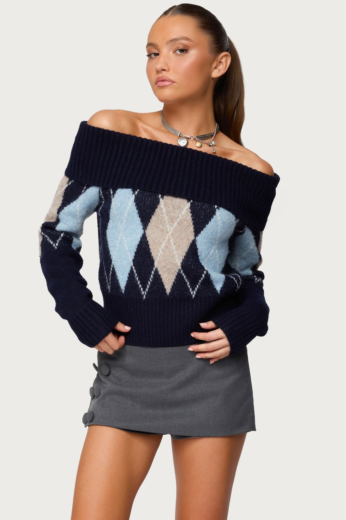 Jakarie Argyle Foldover Sweater - NAVY