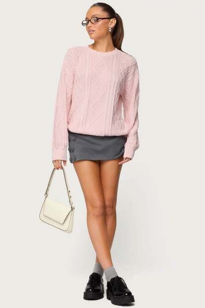 Jessy Cable Knit Oversized Sweater - LIGHT-PINK