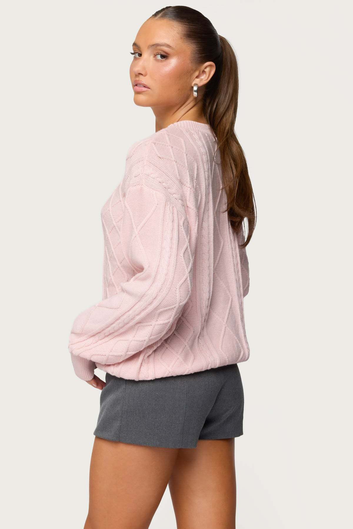 Jessy Cable Knit Oversized Sweater - LIGHT-PINK