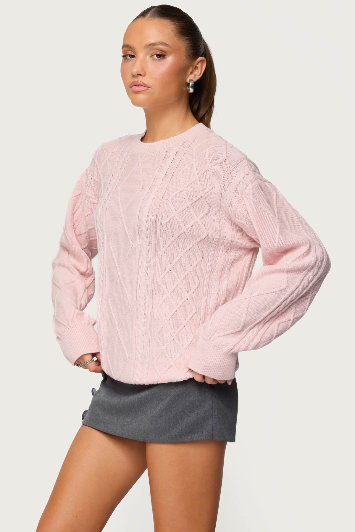 Jessy Cable Knit Oversized Sweater - LIGHT-PINK