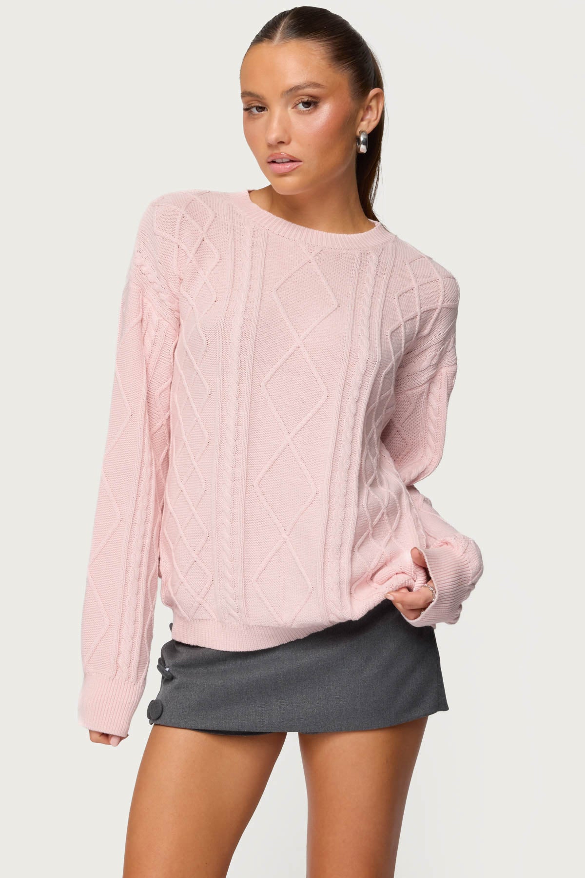 Jessy Cable Knit Oversized Sweater - LIGHT-PINK