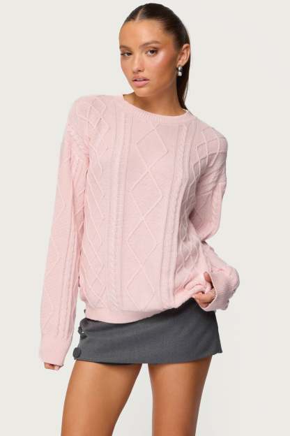 Jessy Cable Knit Oversized Sweater - LIGHT-PINK