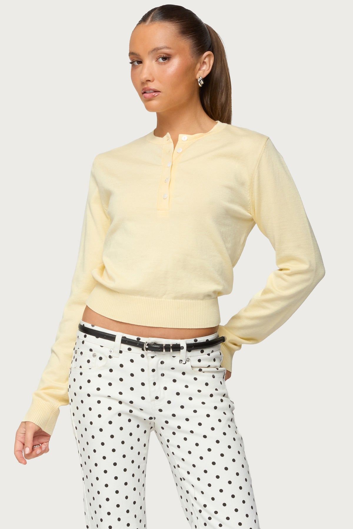 Yolana Henley Light Knit Sweater - YELLOW