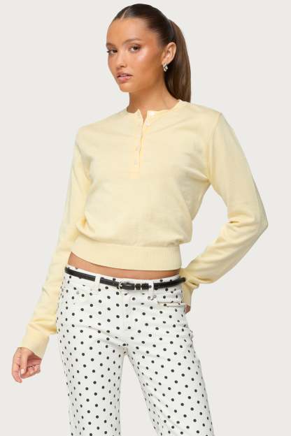 Yolana Henley Light Knit Sweater - YELLOW