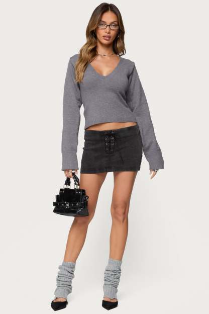Stacie V Neck Sweater - GRAY-MELANGE