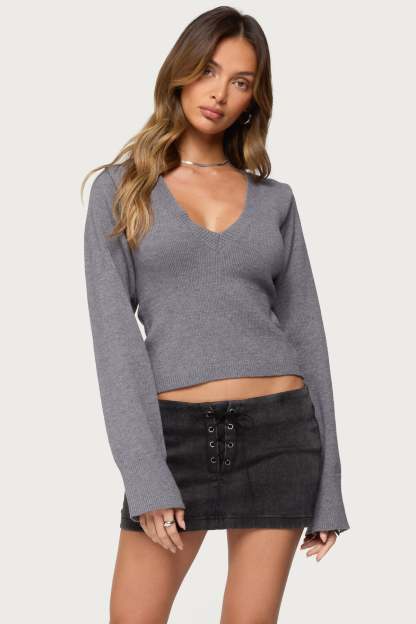 Stacie V Neck Sweater - GRAY-MELANGE