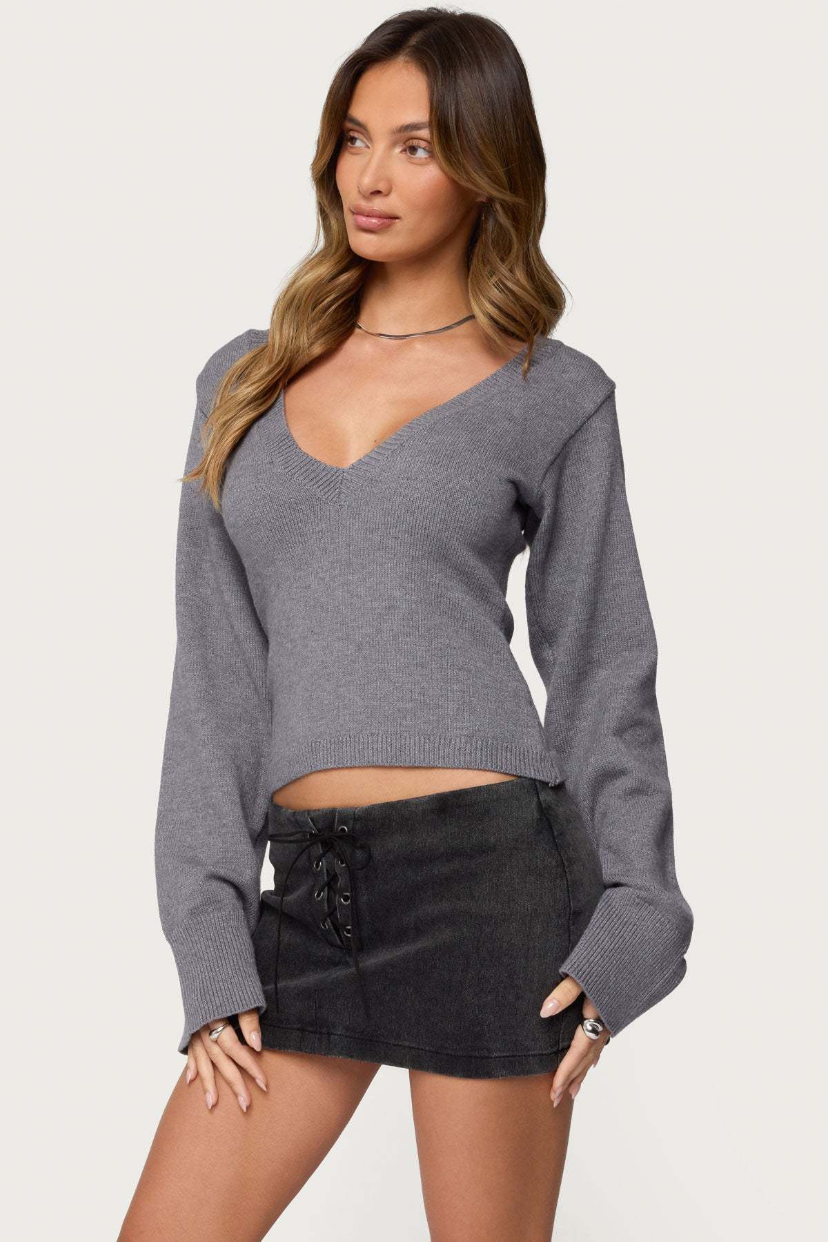 Stacie V Neck Sweater - GRAY-MELANGE