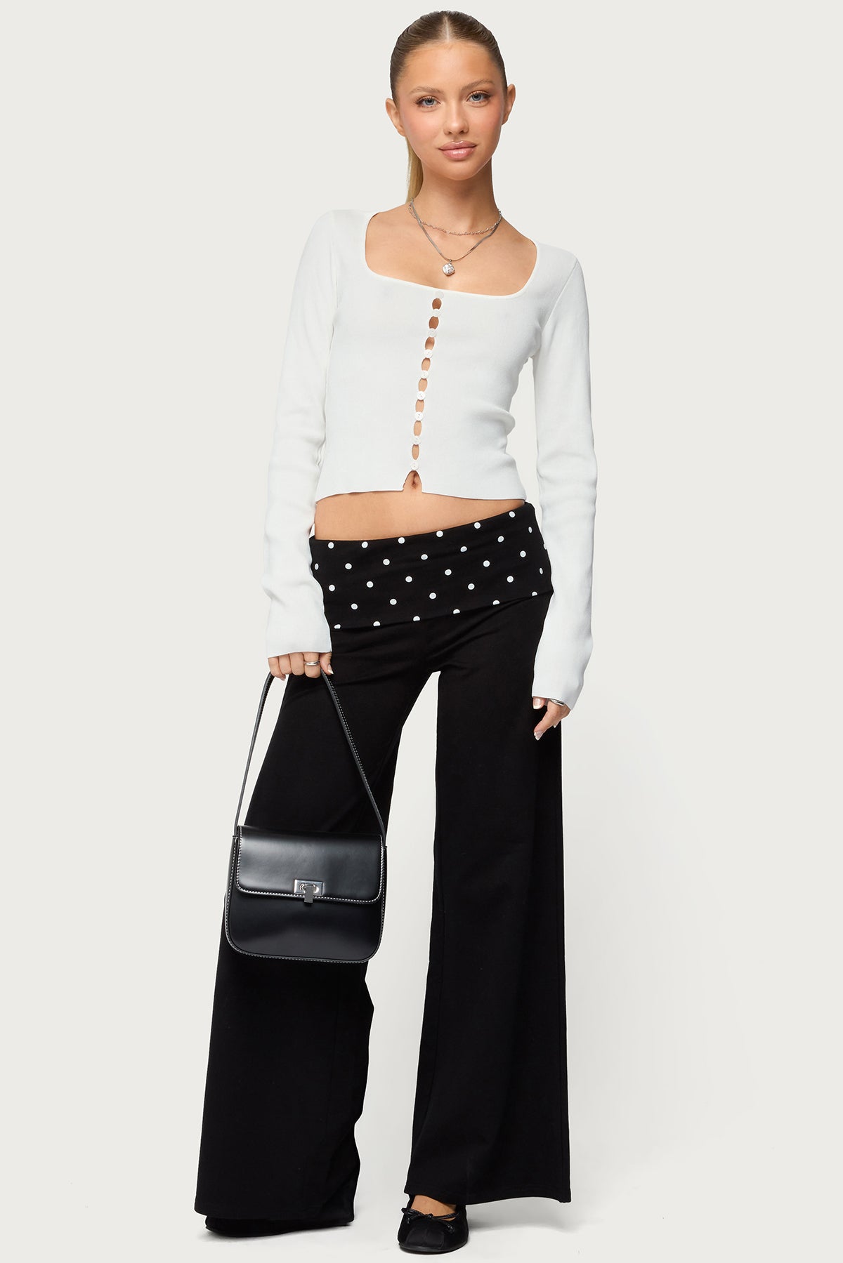 Petite Reeva Polka Dot Foldover Pants - BLACK